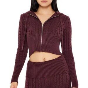 Forever 21 Cropped Cable Knit Zip-Up Sweater Burgundy Size S NWT